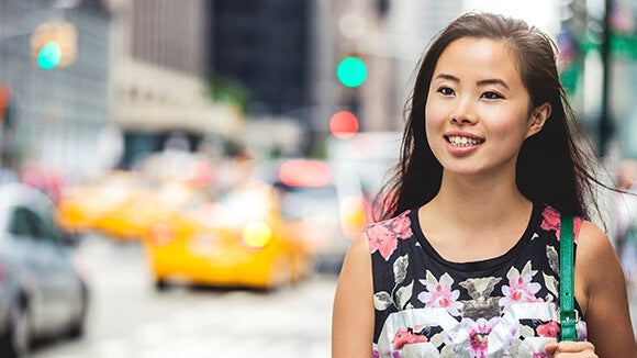 asian-female-on-street green-wavy-abstract