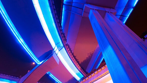 Neon blue and pink weaving architecture